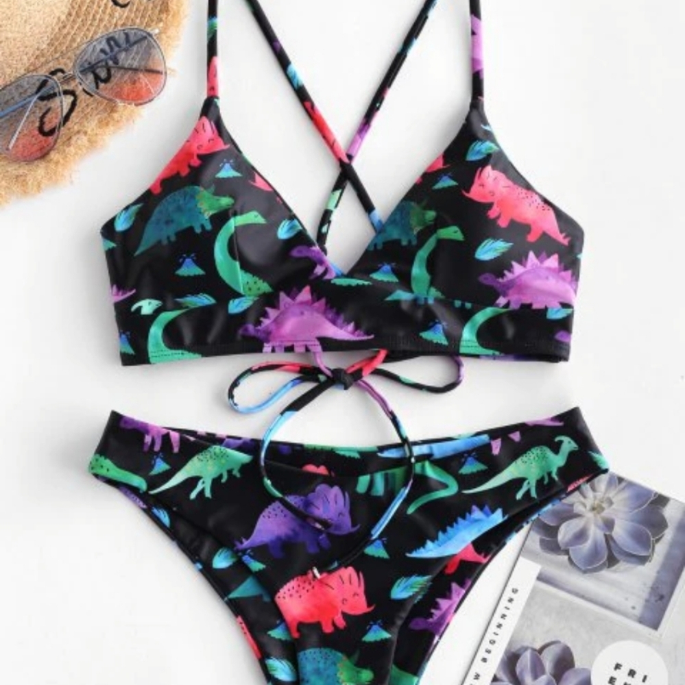 Zaful Dinosaur Lace Up Padded Bikini